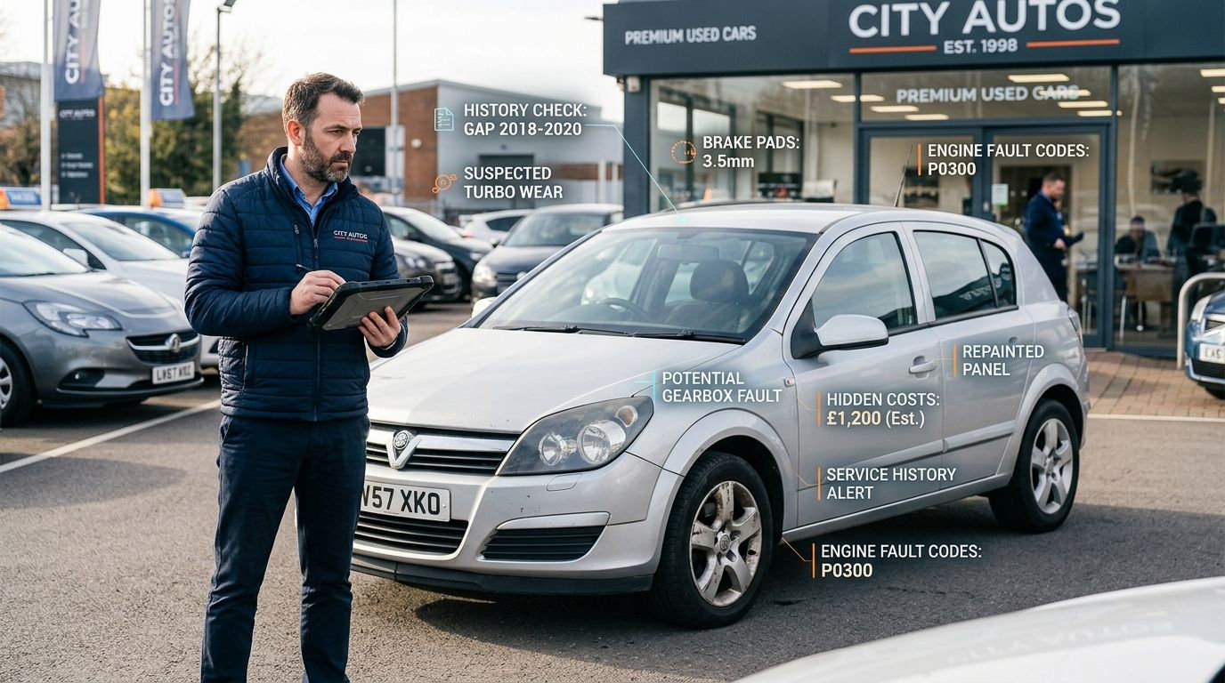 A professional car inspector examines a silver Vauxhall Astra H at a used car dealership lot.