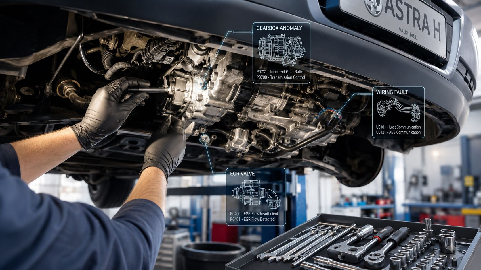 A mechanic inspecting a Vauxhall Astra H gearbox and wiring with digital diagnostic overlays visible in a garage.