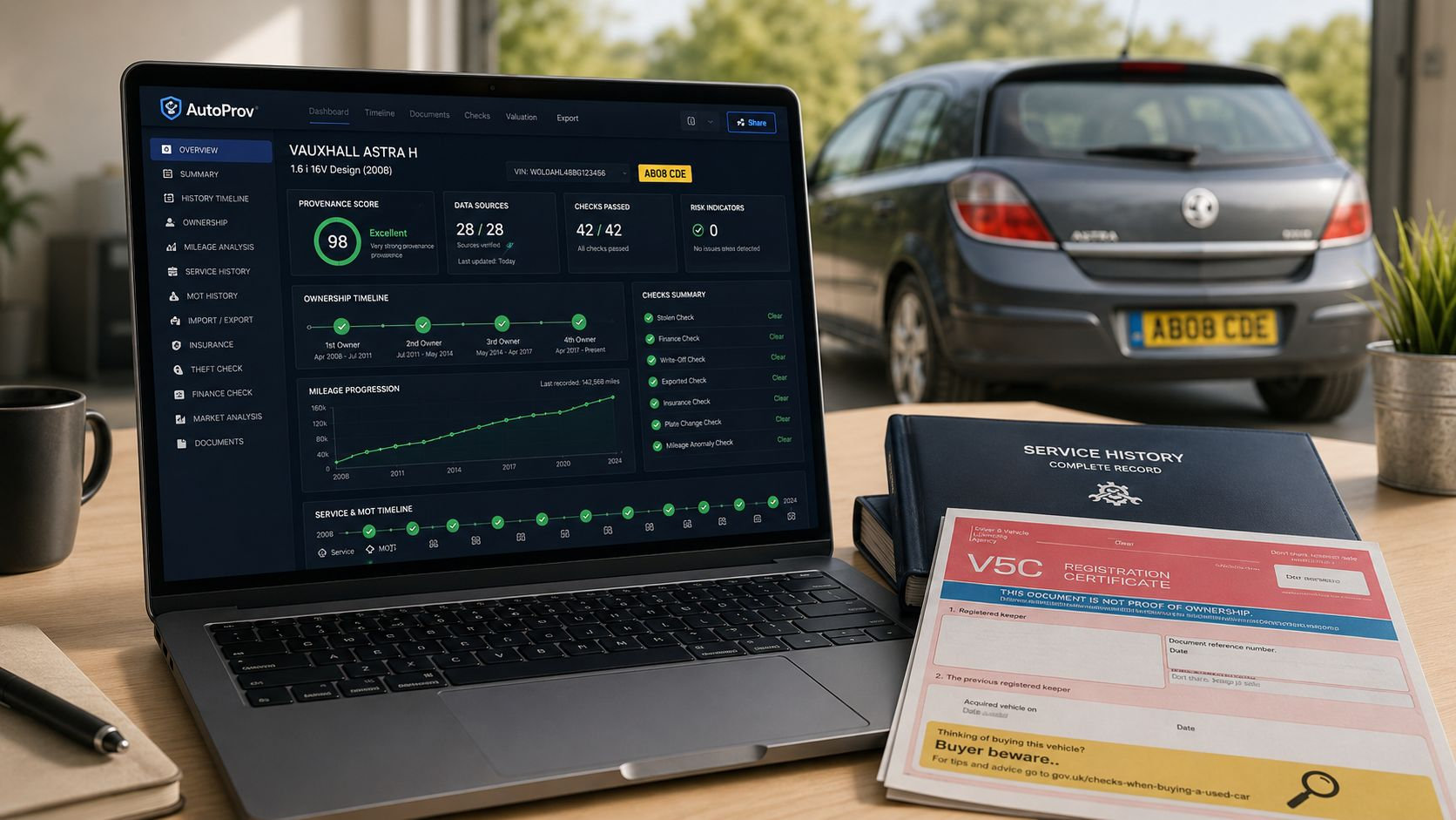 A laptop displays a car provenance report for a Vauxhall Astra H next to a registration document.