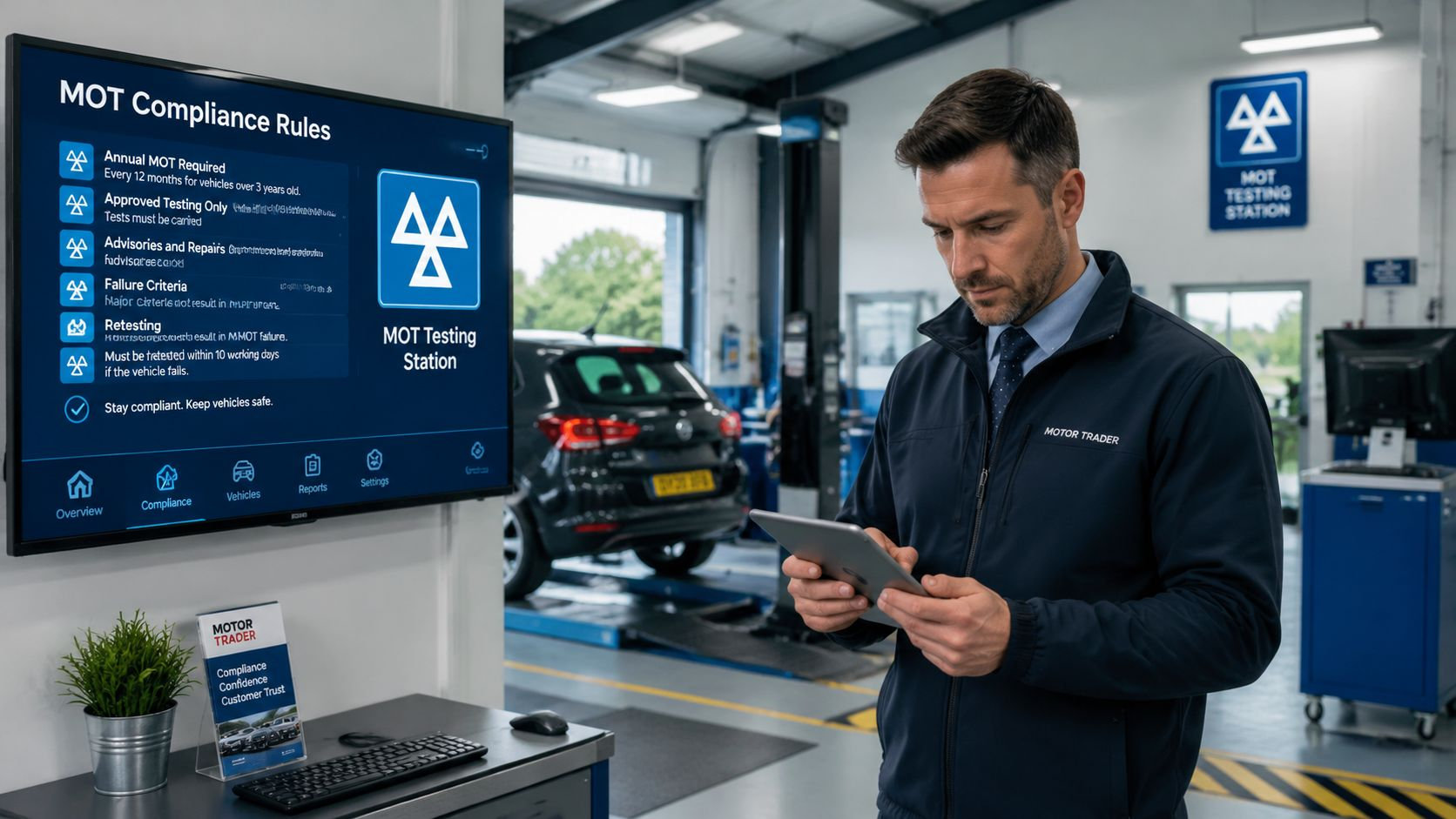 A professional mechanic in a garage checking a tablet with an MOT compliance information screen in background.
