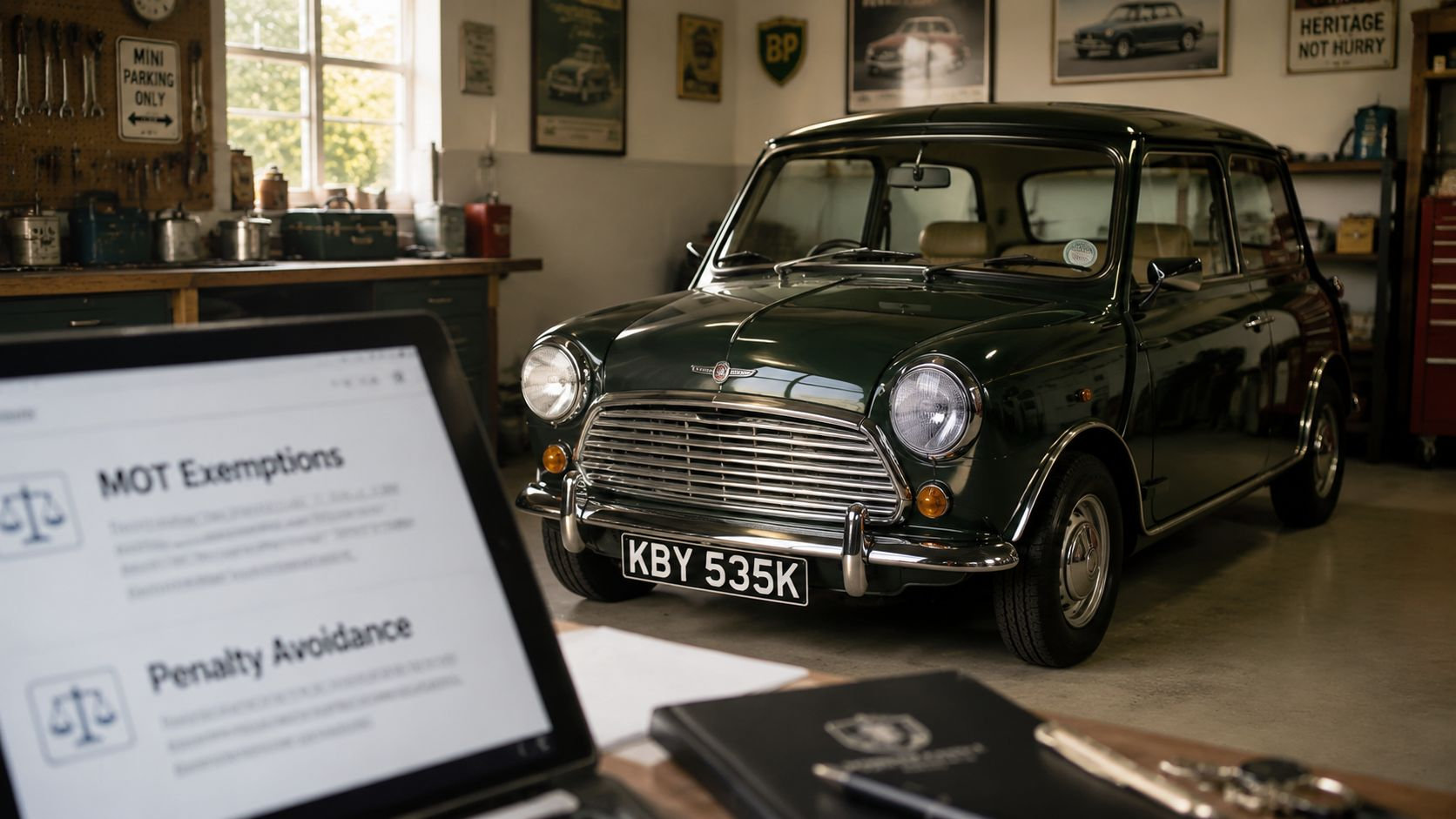 A classic green Mini car parked in a vintage garage with a computer showing MOT exemption information.