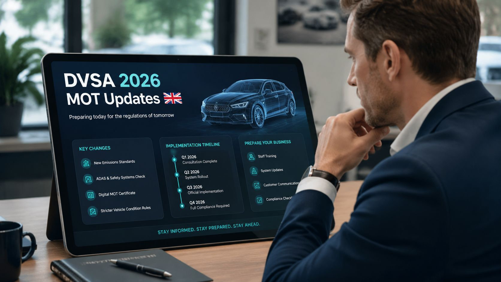 A professional man reviewing a digital display about upcoming DVSA 2026 MOT updates for UK businesses.