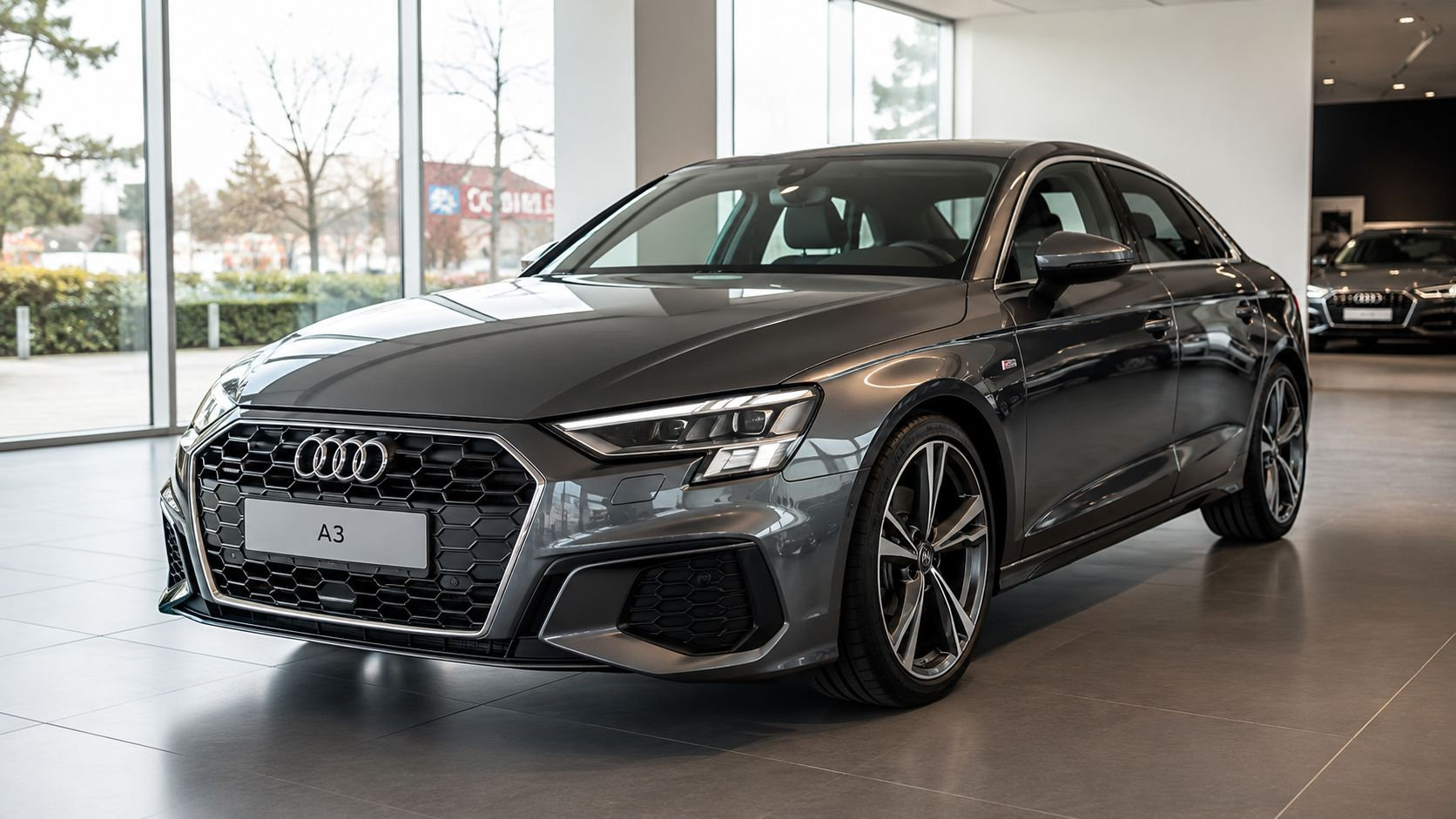 A sleek dark grey Audi A3 S line parked inside a bright car dealership showroom.