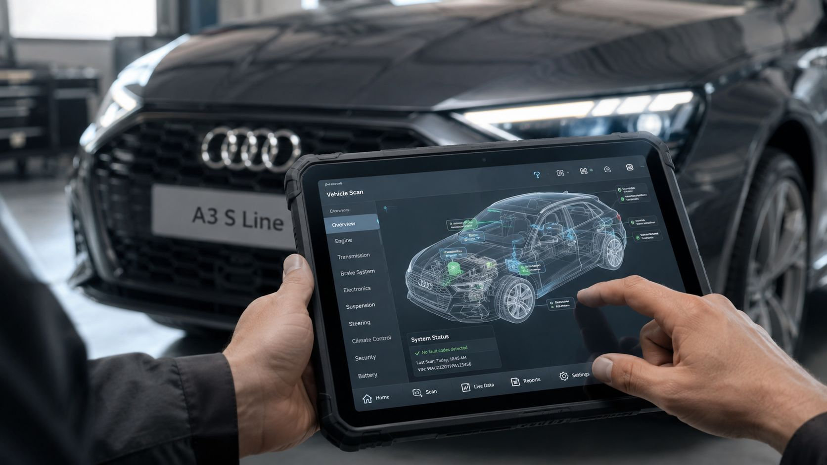 A technician uses a digital tablet to run a diagnostic scan on an Audi A3 S Line vehicle.