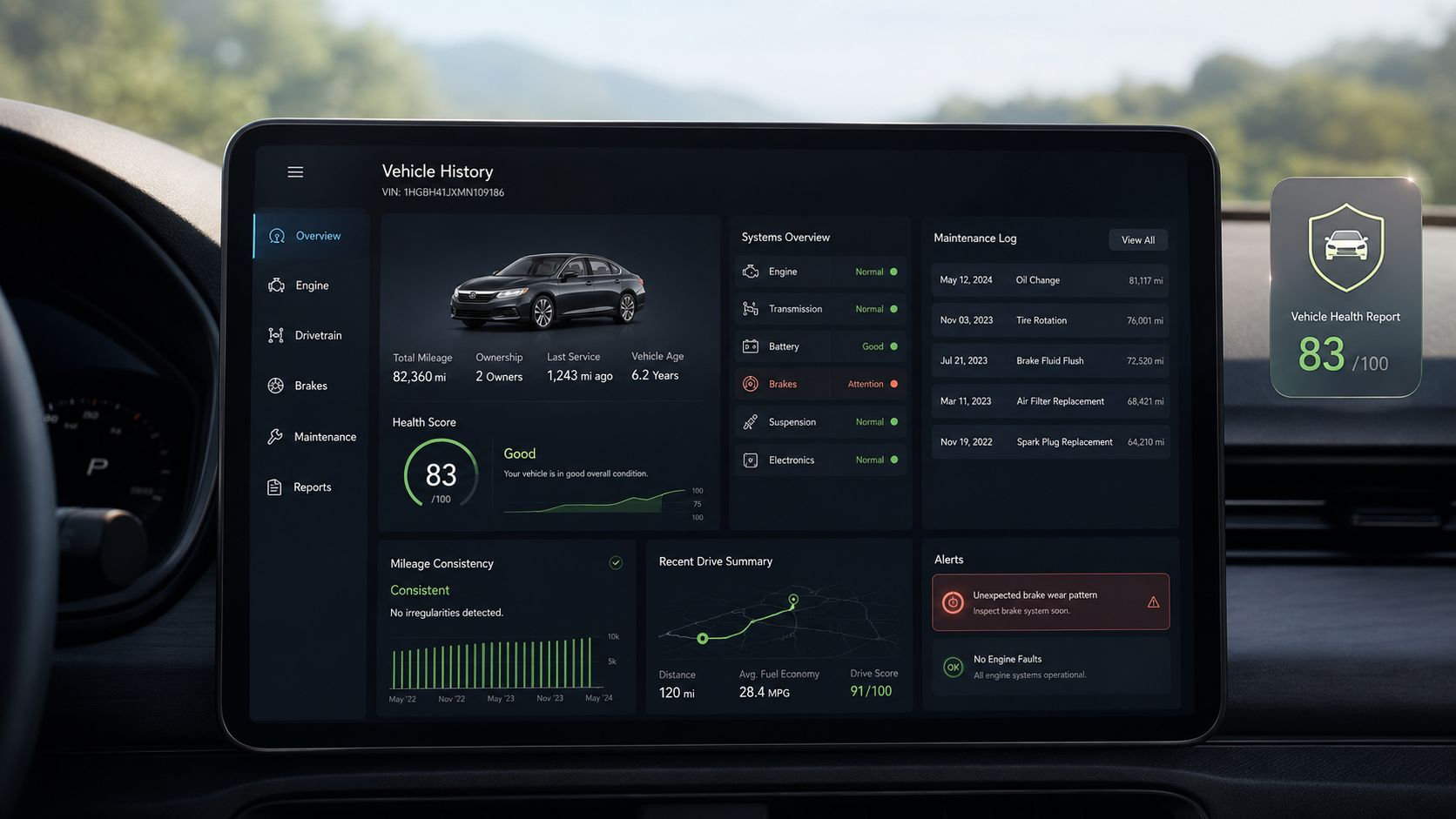 A digital car dashboard interface displaying vehicle health reports, diagnostic data, and maintenance logs on a screen.