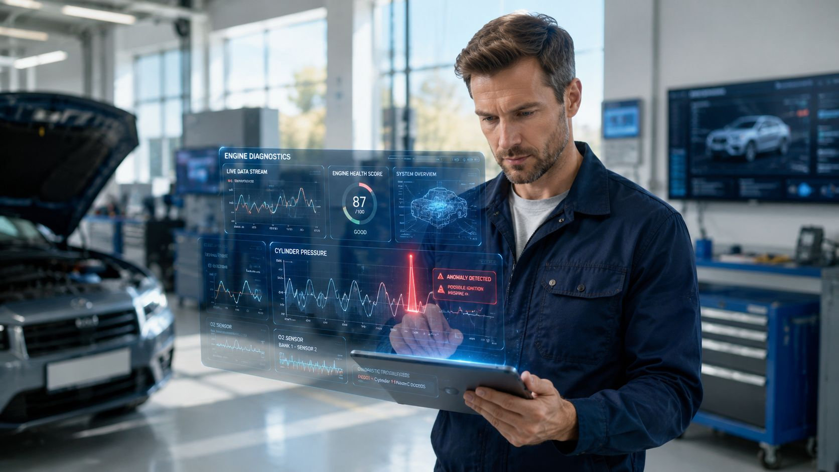 A technician using a digital tablet with augmented reality diagnostics to analyze a car engine's performance.