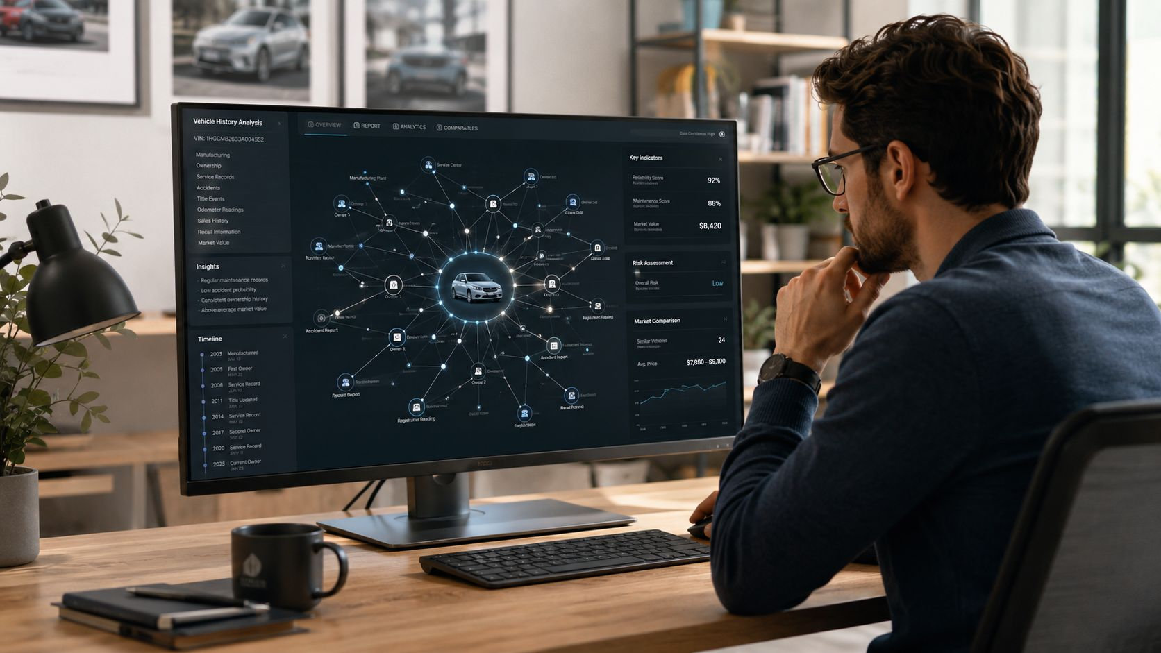 A professional analyzing detailed car history data and risk assessment on a large computer monitor in an office.
