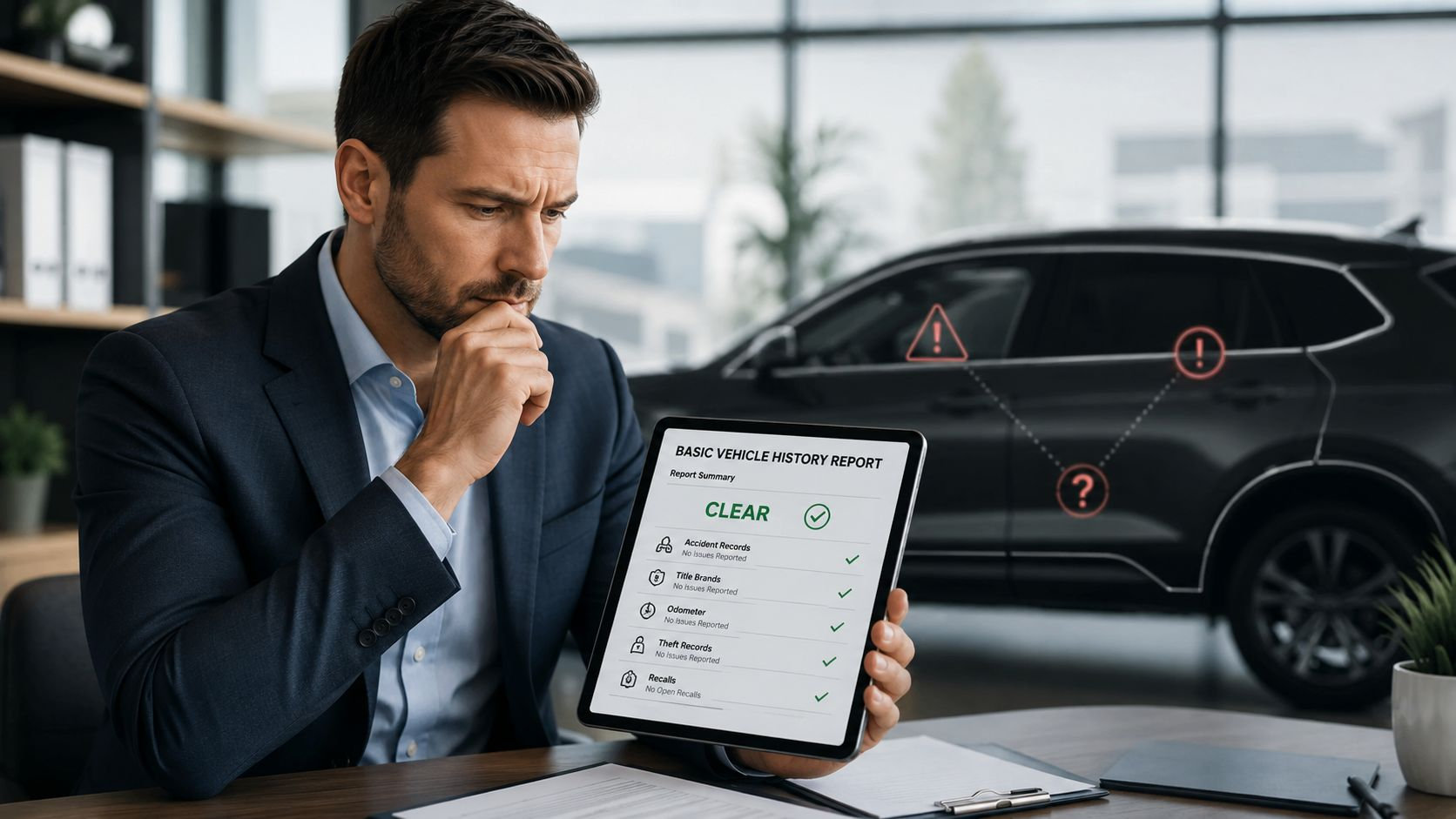A professional man holding a tablet showing a clear vehicle history report in an office setting.