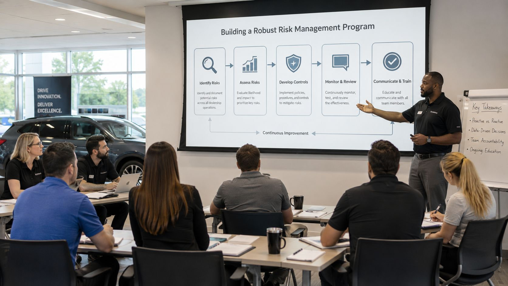 A professional business trainer presents a risk management program to a group of employees in a modern office.