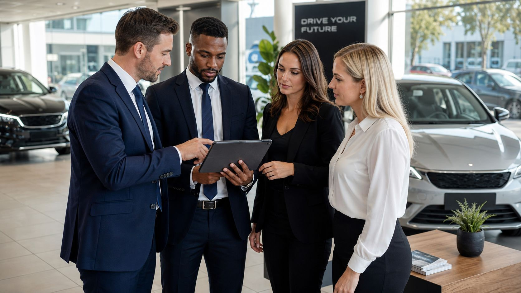 A professional team of business people reviewing data on a tablet inside a modern car dealership showroom.