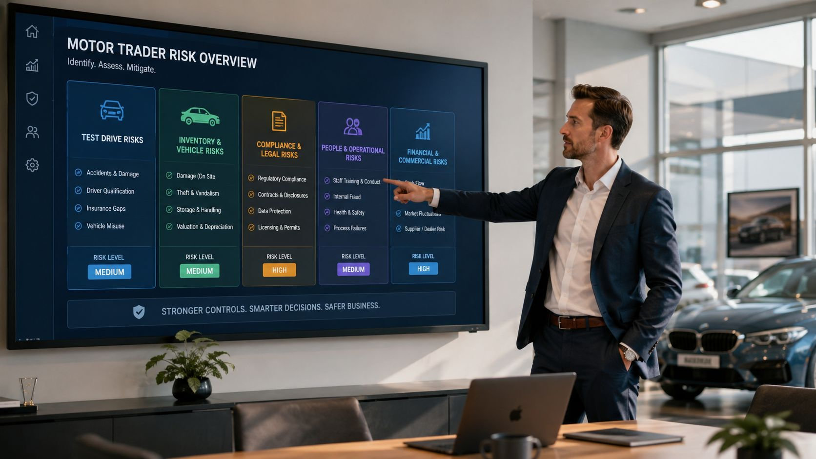 A professional man in a suit presenting motor trader risk overview statistics on a large wall display.
