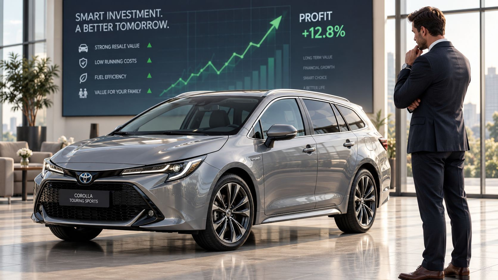 A professional man in a suit looking at a silver Toyota Corolla Touring Sports hybrid estate car.
