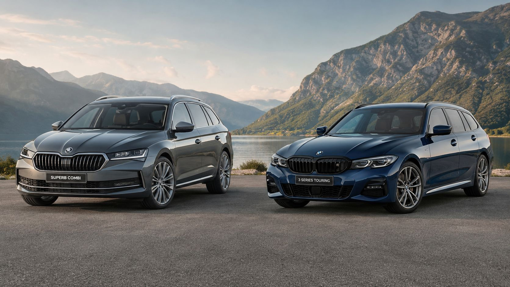A gray Skoda Superb Combi and a blue BMW 3 Series Touring parked side by side outdoors.