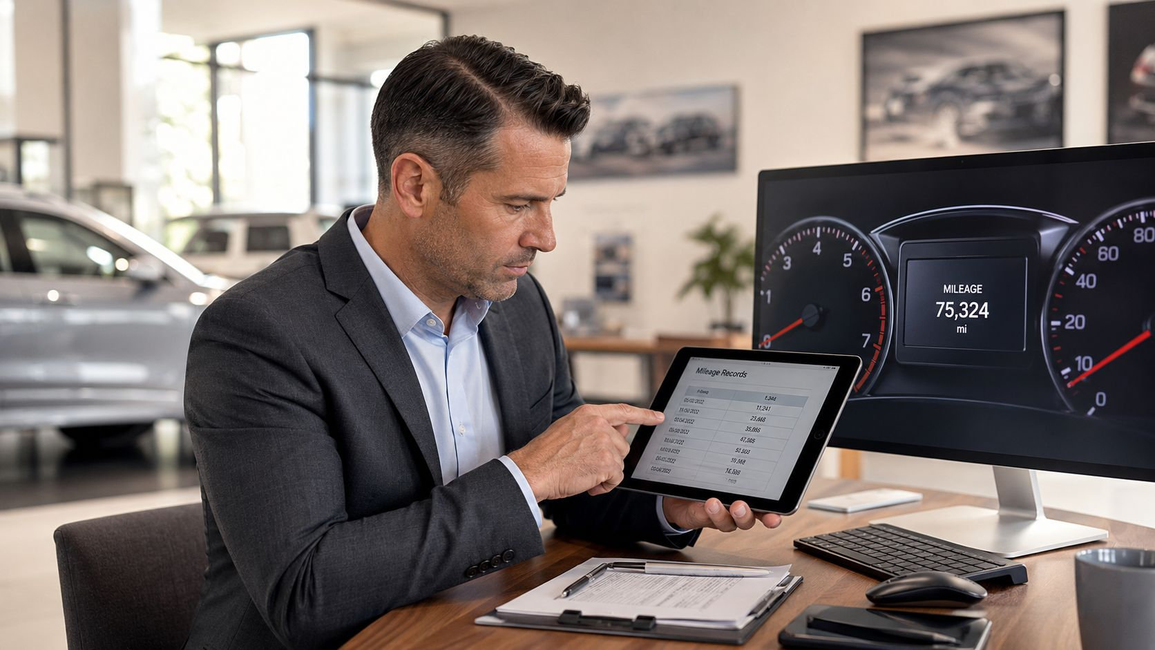 A professional car dealership manager reviews mileage records on a tablet while sitting at his desk.
