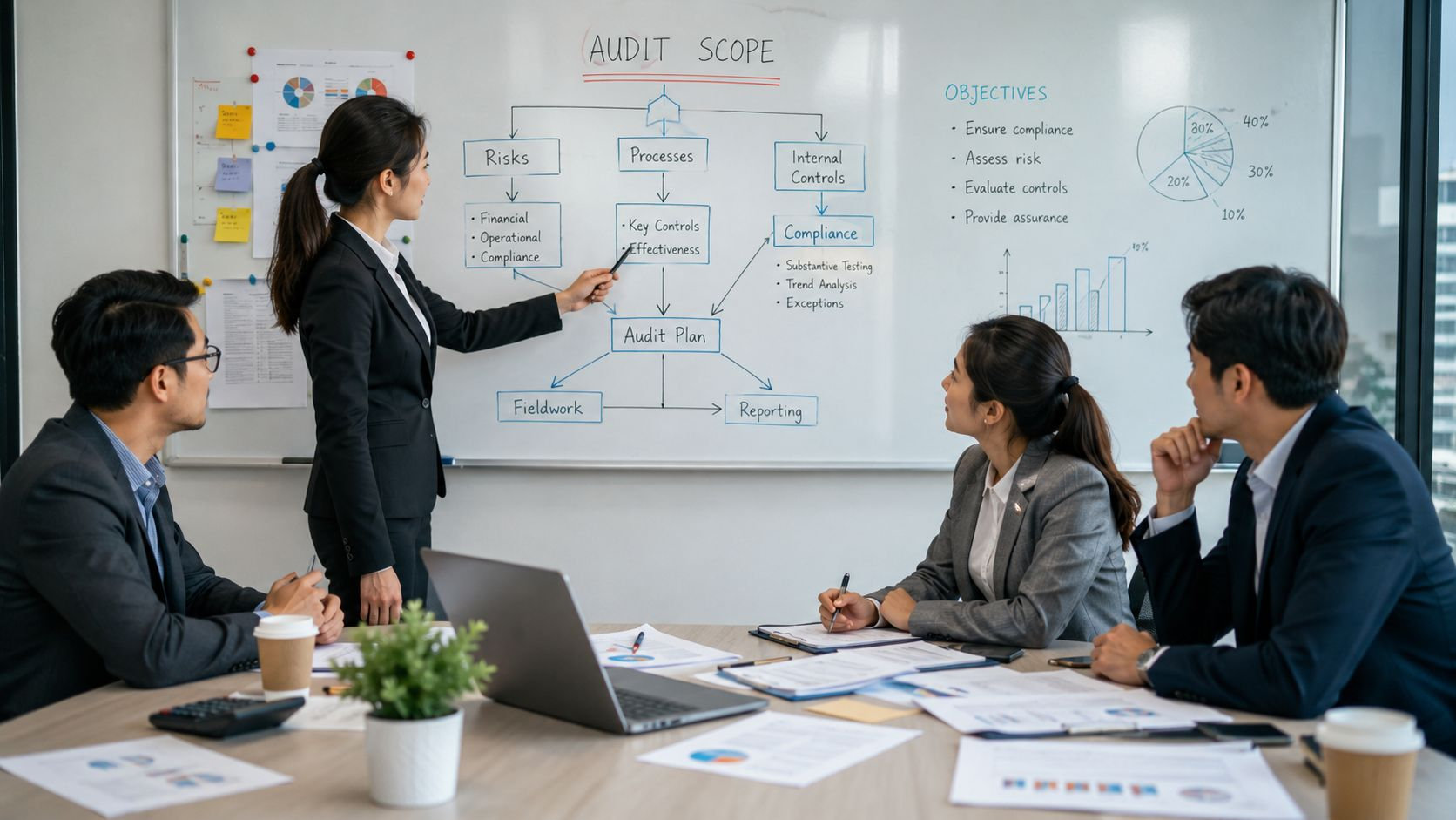 A professional woman presenting an internal audit scope diagram to her colleagues in a modern office meeting room.