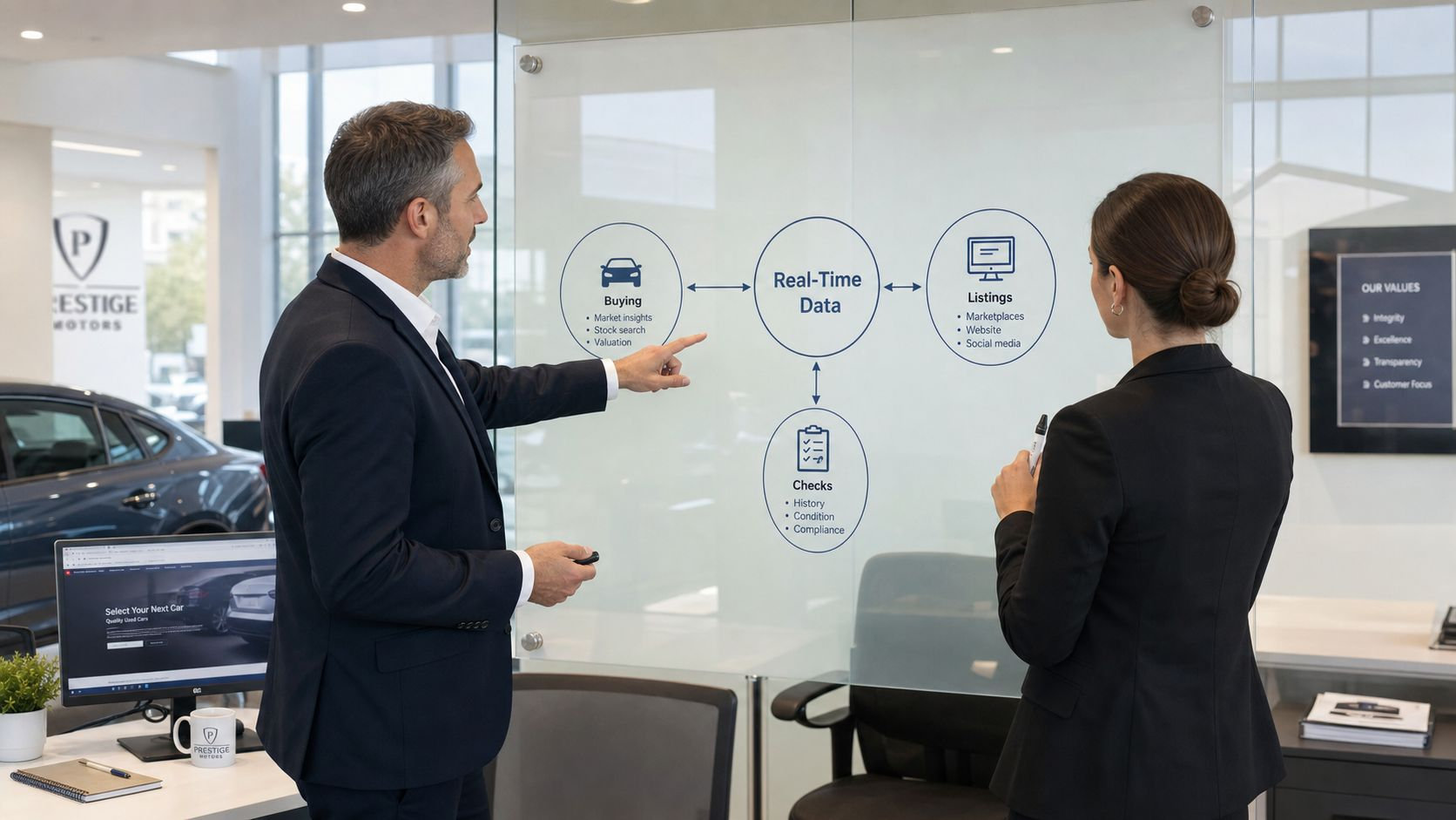 A professional man and woman discussing a real-time data flow chart on a glass wall in an office.