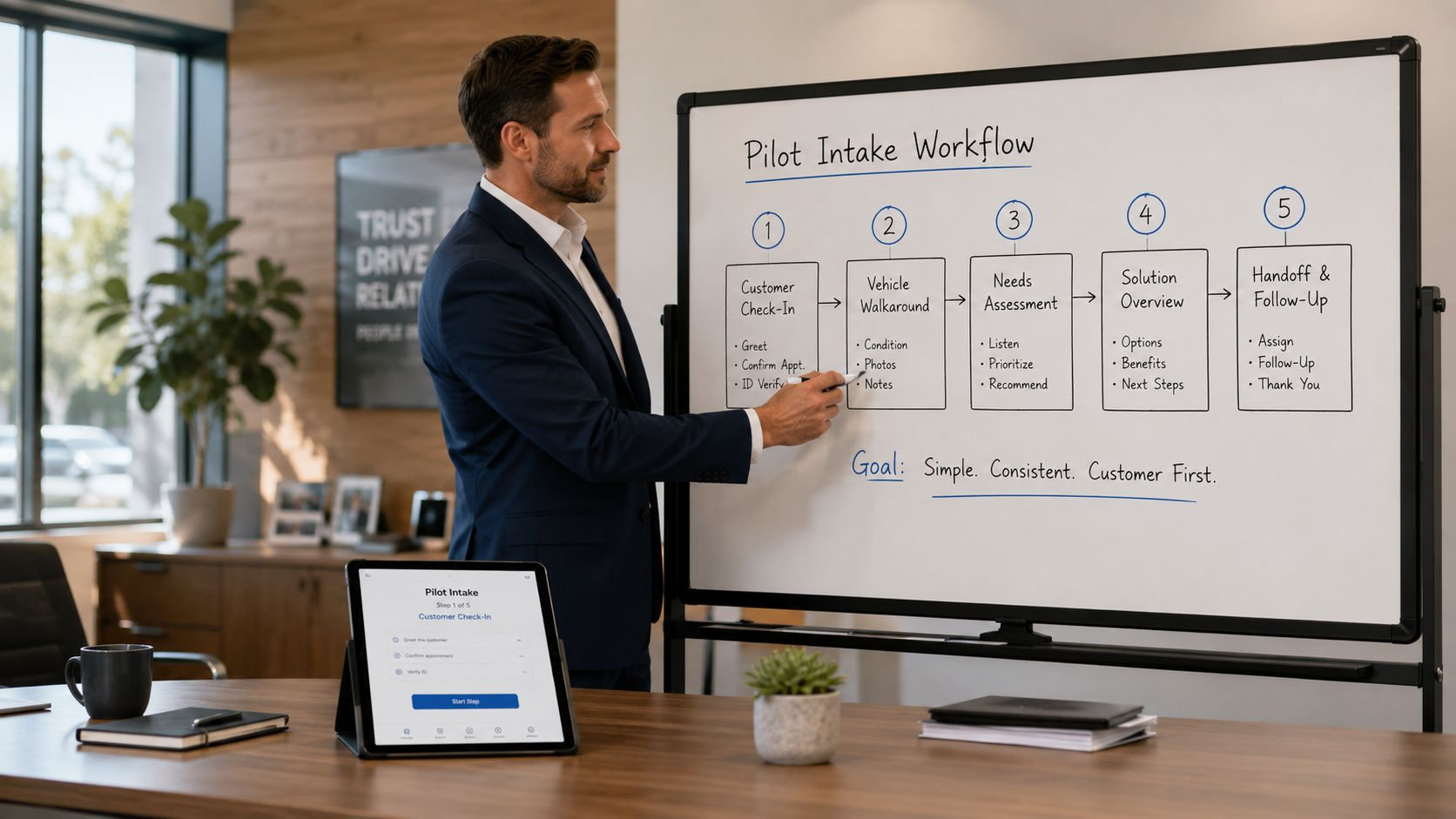A professional man explaining a five-step pilot intake workflow diagram on a whiteboard in an office.