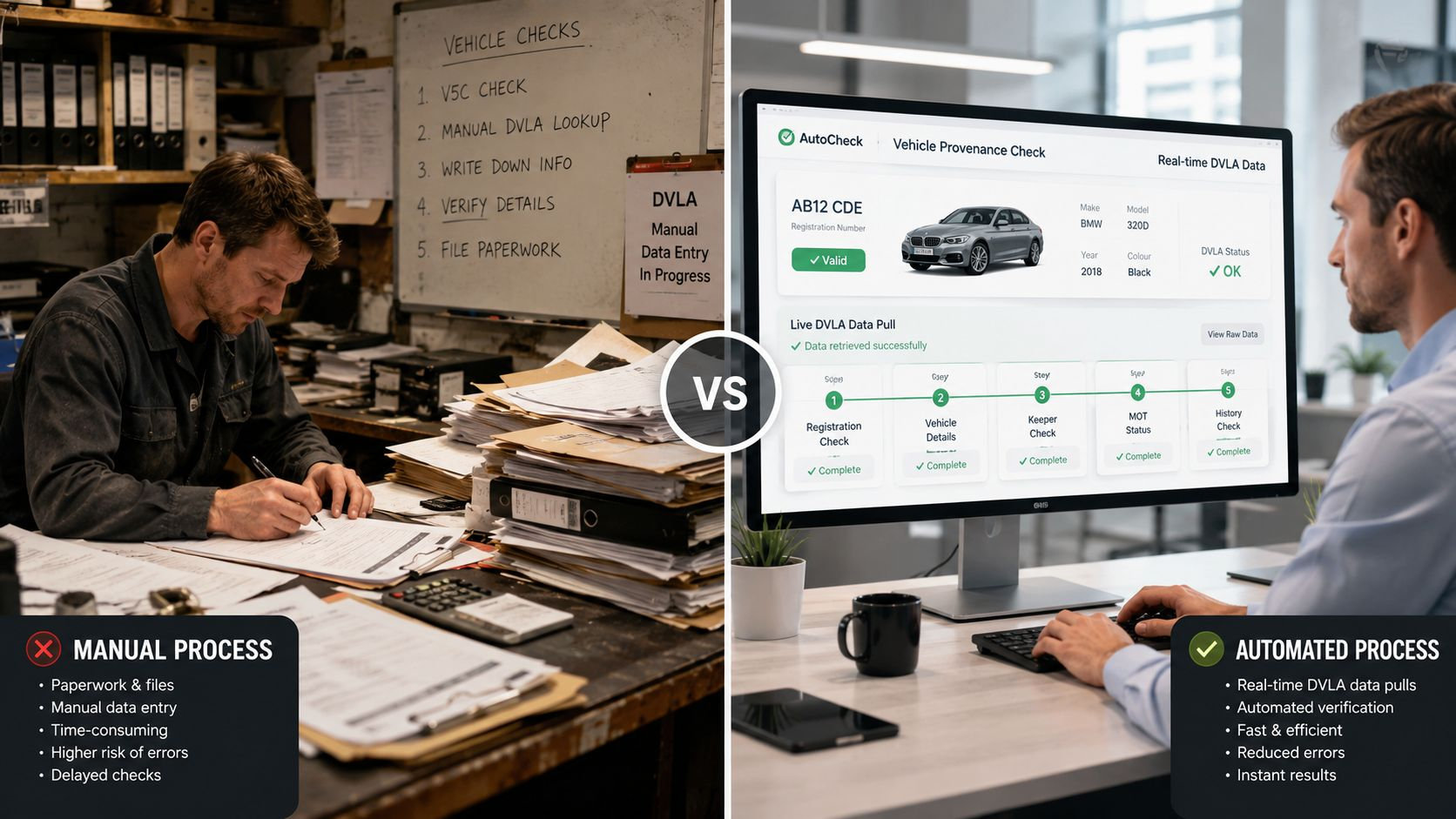A comparison showing a manual paperwork-heavy process on the left versus an efficient automated vehicle data check system.