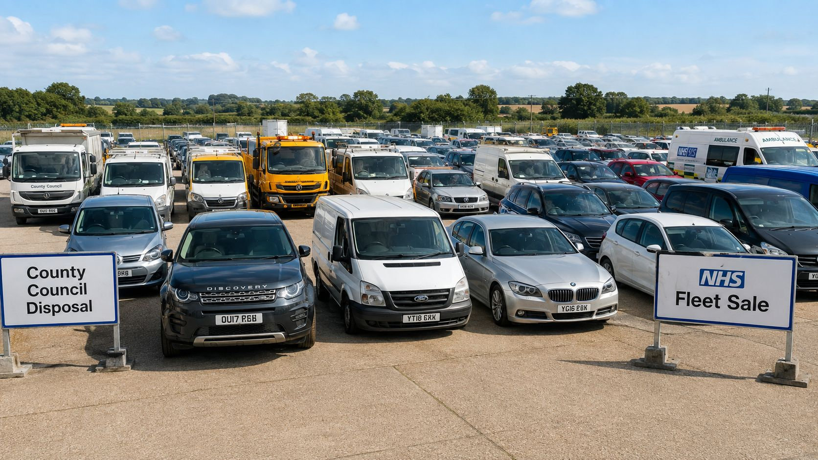 A large outdoor lot filled with various government and NHS fleet vehicles available for public auction.