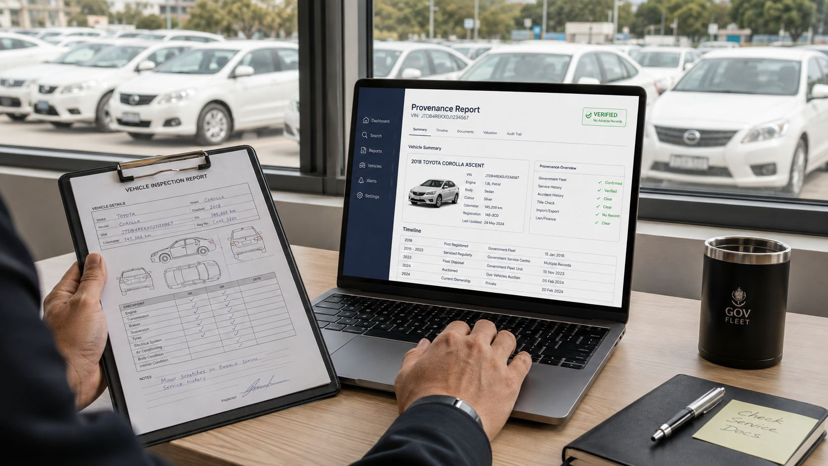 A professional inspector reviewing a government vehicle auction report on a laptop and clipboard at a desk.