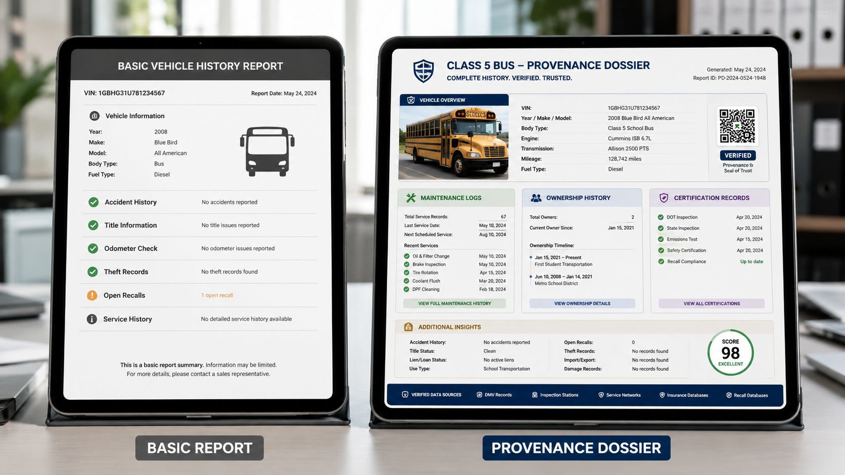 Two tablets showing vehicle history reports for a Class 5 school bus in a side-by-side comparison.