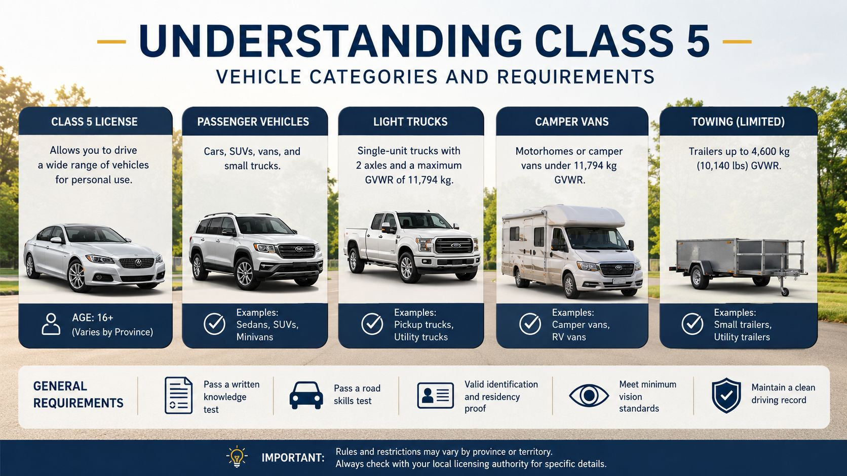 An infographic detailing Class 5 driving license categories, vehicle requirements, and general prerequisites for obtaining a license.
