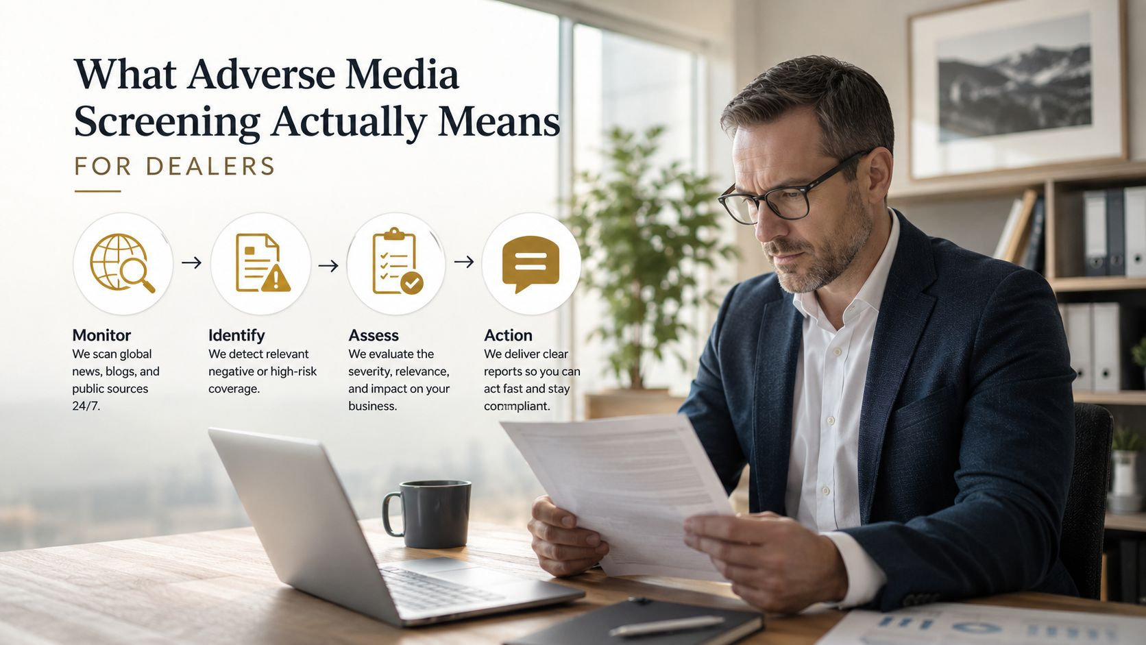 A professional man reviewing business documents with an infographic explaining the adverse media screening process for dealers.