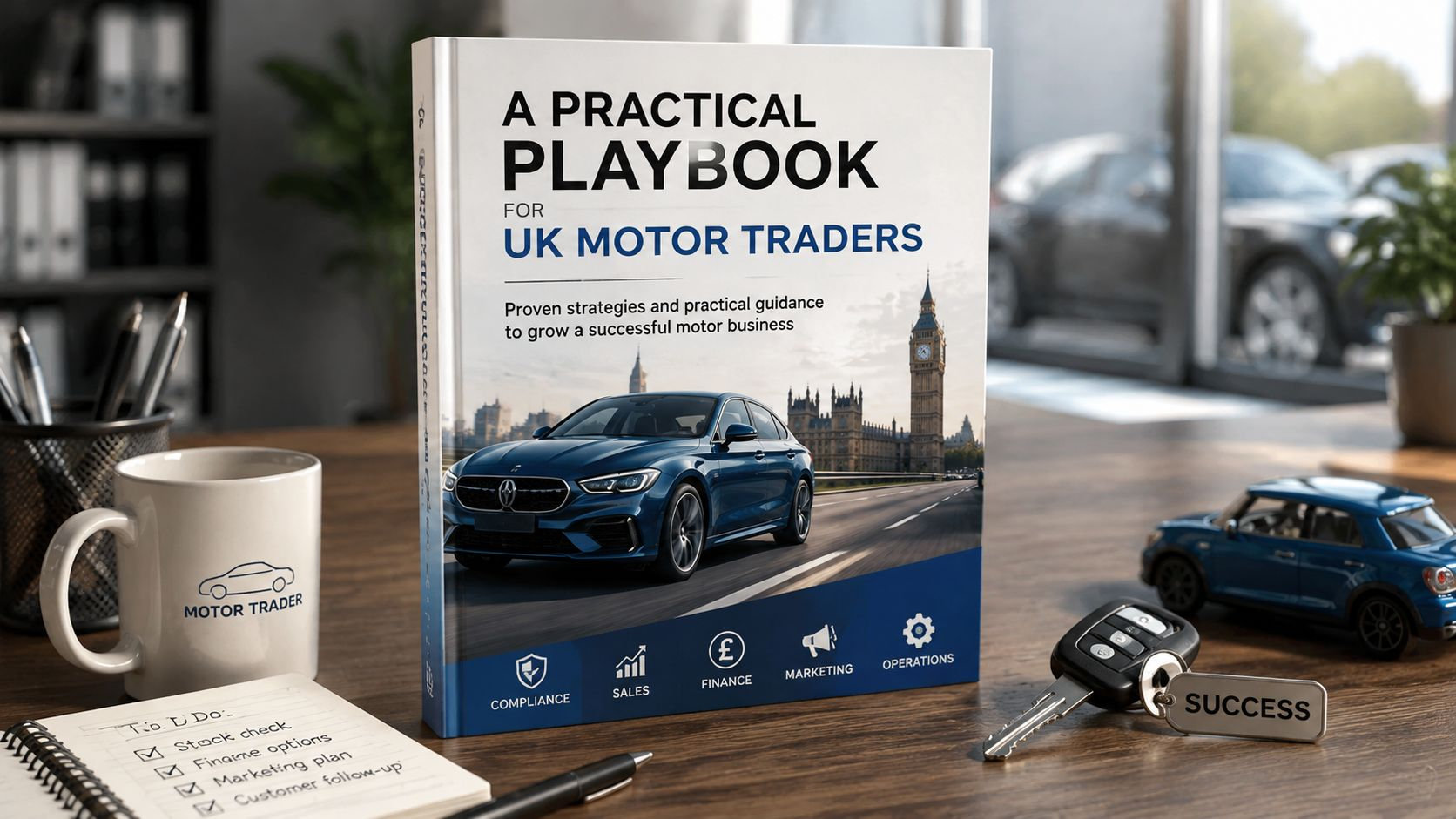 A professional playbook for UK motor traders displayed on a desk with car keys and stationery.