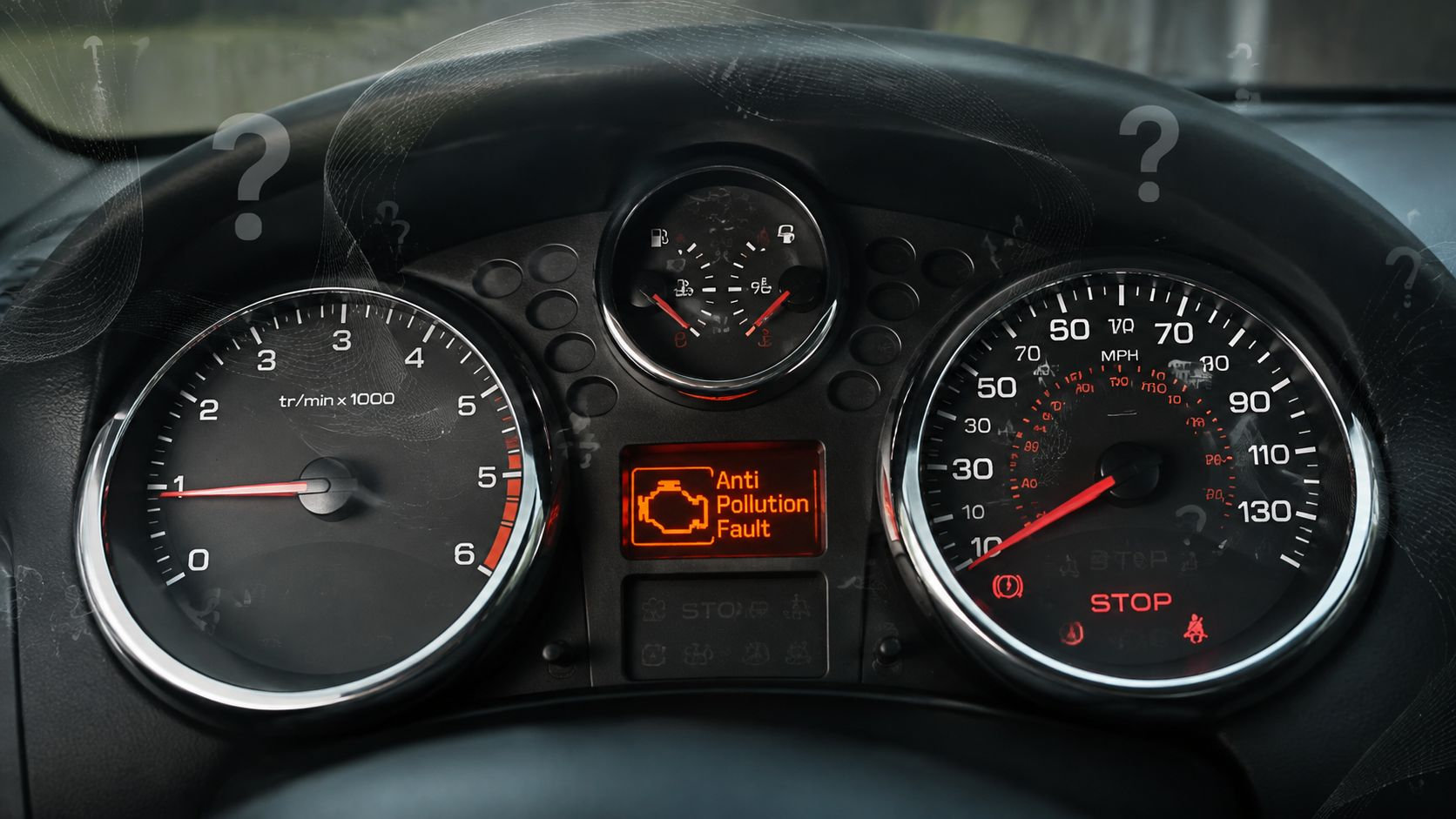 A car dashboard displaying an Anti Pollution Fault warning light on a Peugeot 207 vehicle instrument cluster.