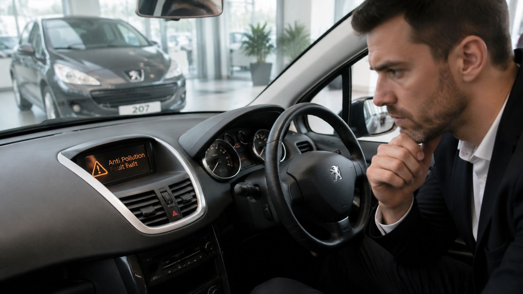 A concerned man sitting in a Peugeot 207 driver's seat looking at an anti-pollution fault warning message.