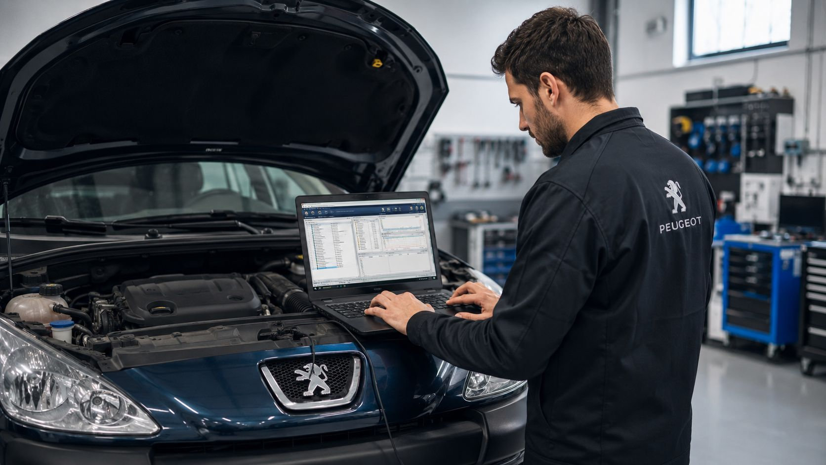 A professional Peugeot mechanic uses a laptop diagnostic tool to repair a car engine in a workshop.