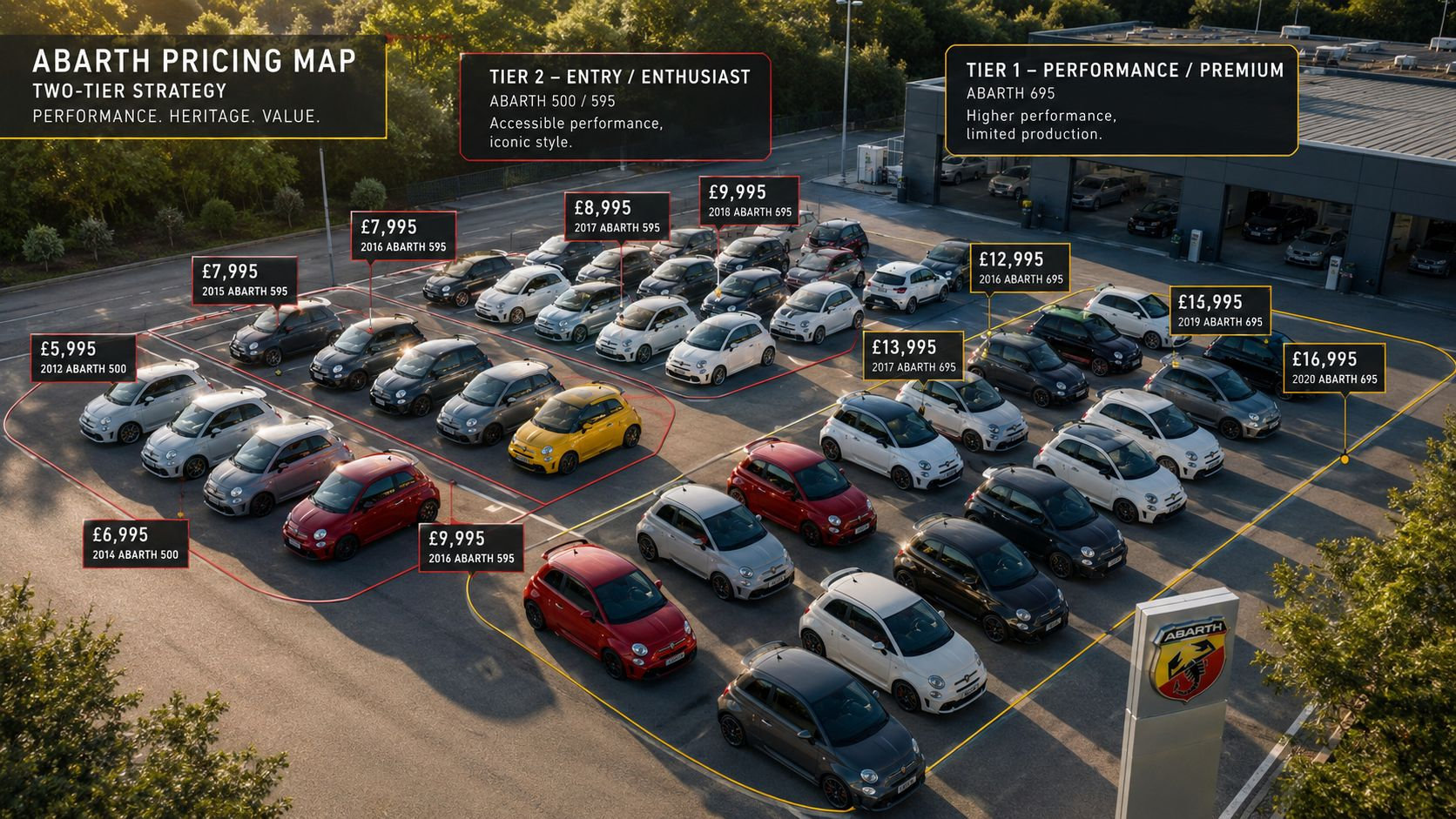 An aerial view of a car dealership lot showing multiple Abarth 500, 595, and 695 models for sale.