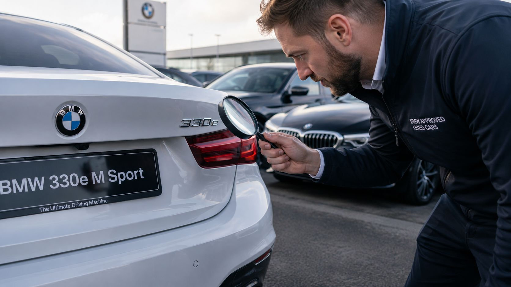 A BMW dealership employee inspecting a white BMW 330e M Sport with a magnifying glass.