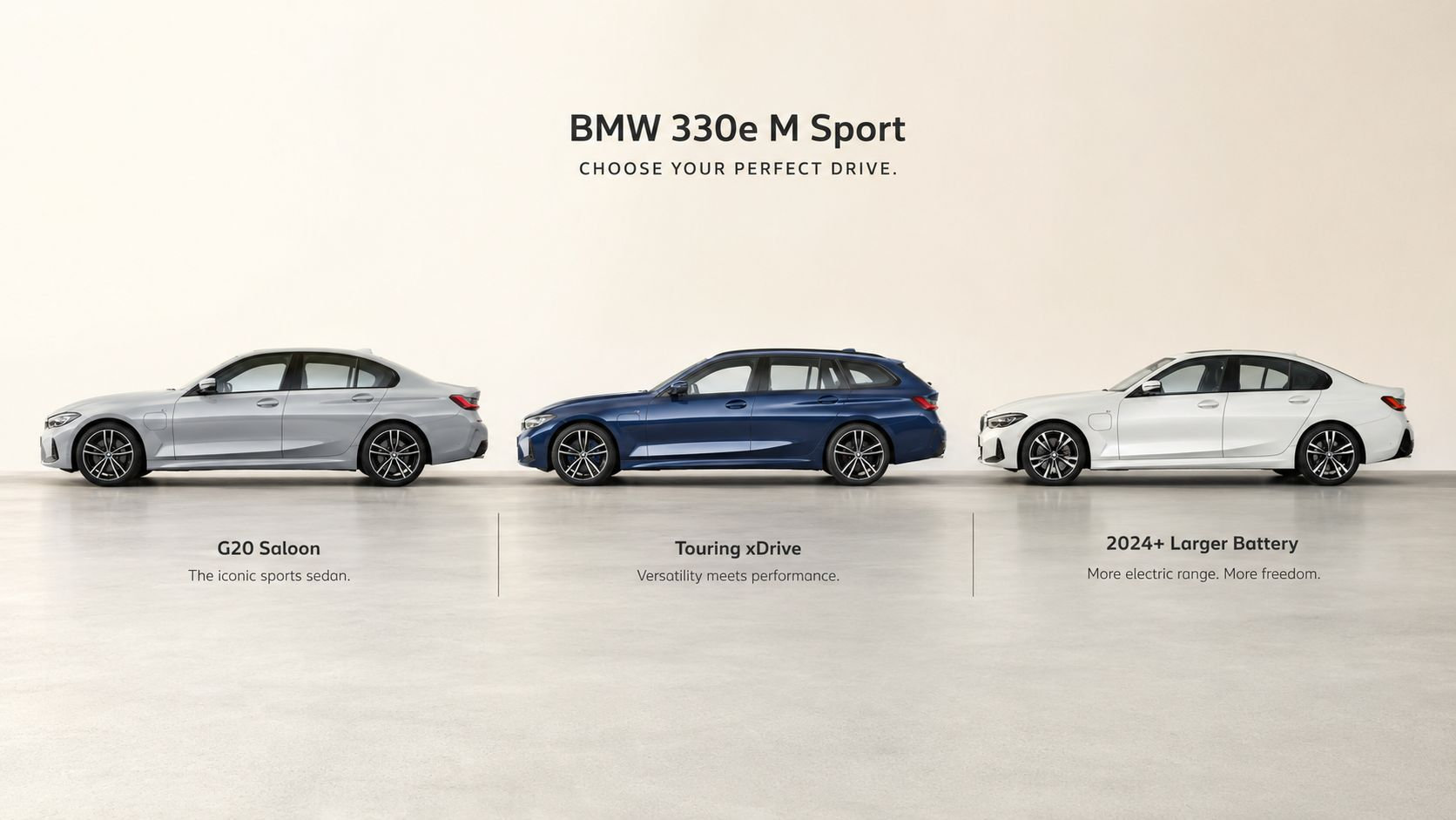 A side view display showing three different BMW 330e M Sport models including the saloon and touring versions.
