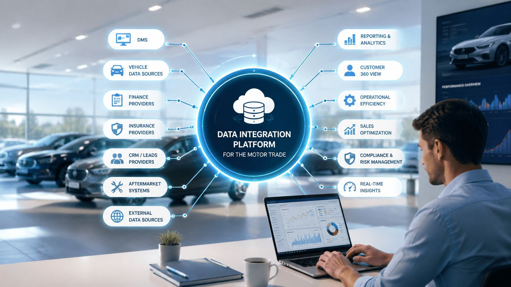 A professional analyzing data on a laptop in a car dealership with a digital data integration platform interface.