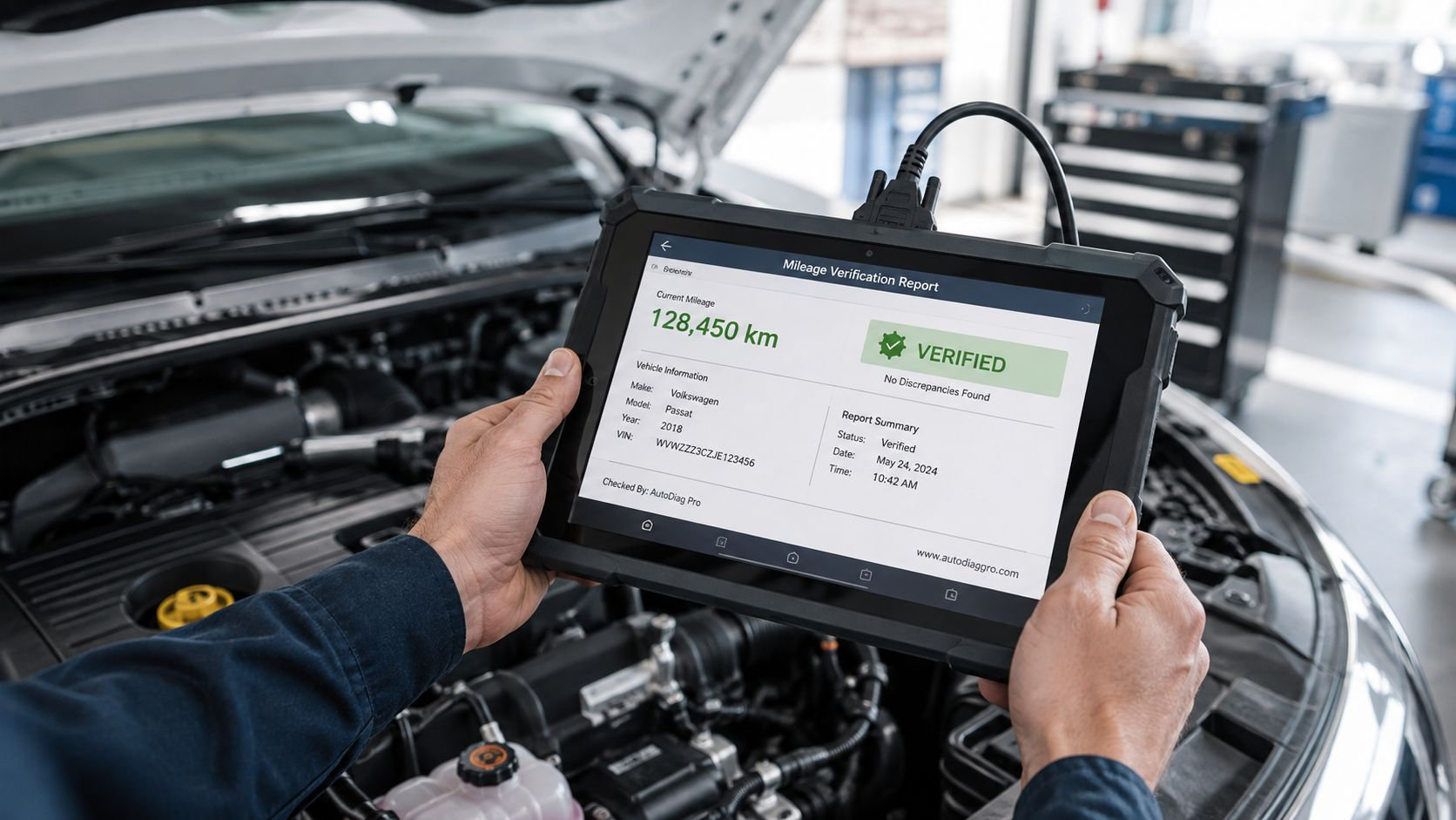 A mechanic holding a tablet showing a verified mileage report for a 2018 Volkswagen Passat during maintenance.