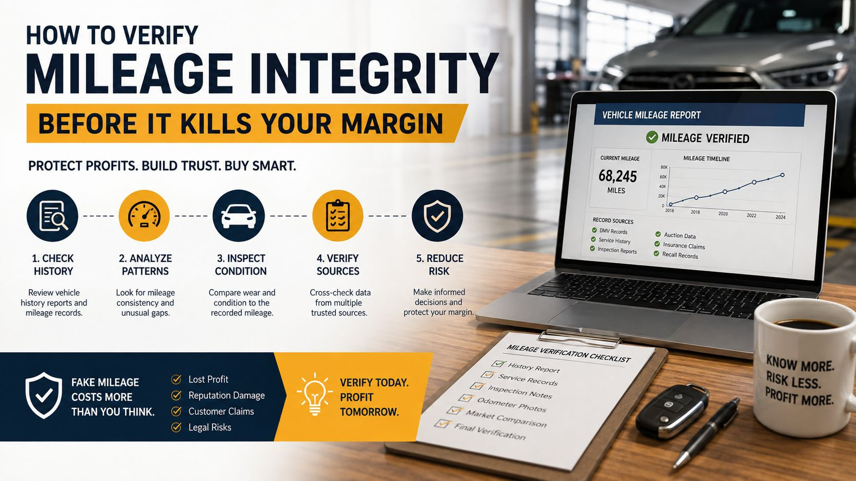 A professional infographic illustrating five steps to verify vehicle mileage integrity to protect automotive dealer profits.