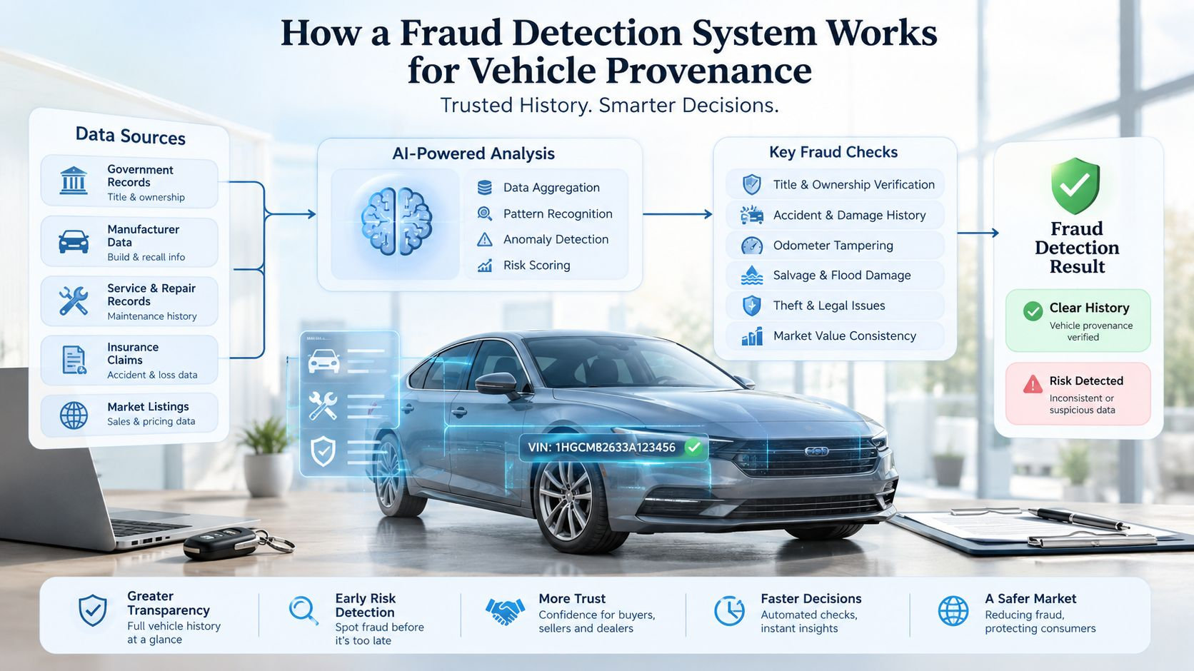 A diagram illustrating how an AI-powered fraud detection system verifies vehicle provenance by analyzing various data sources.