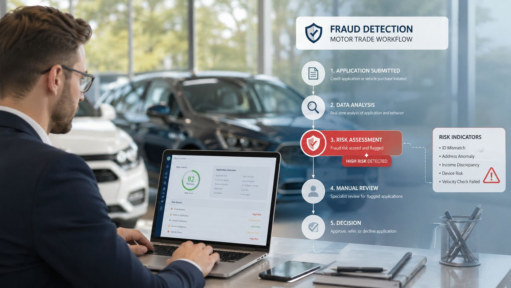 A professional working on a laptop at a car dealership viewing a fraud detection workflow software dashboard.