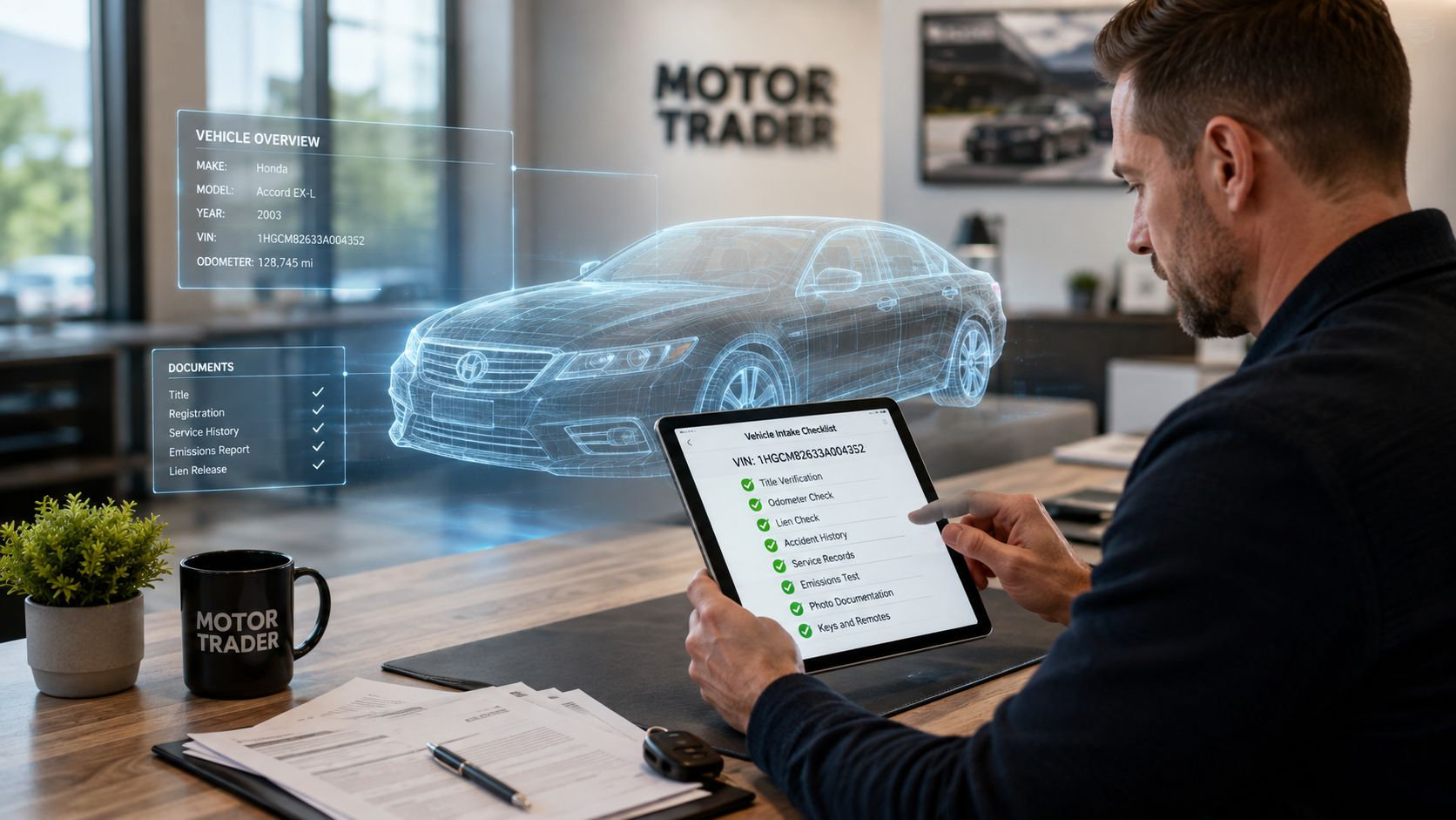 A professional analyzing vehicle data on a tablet with a digital holographic car display in an office.