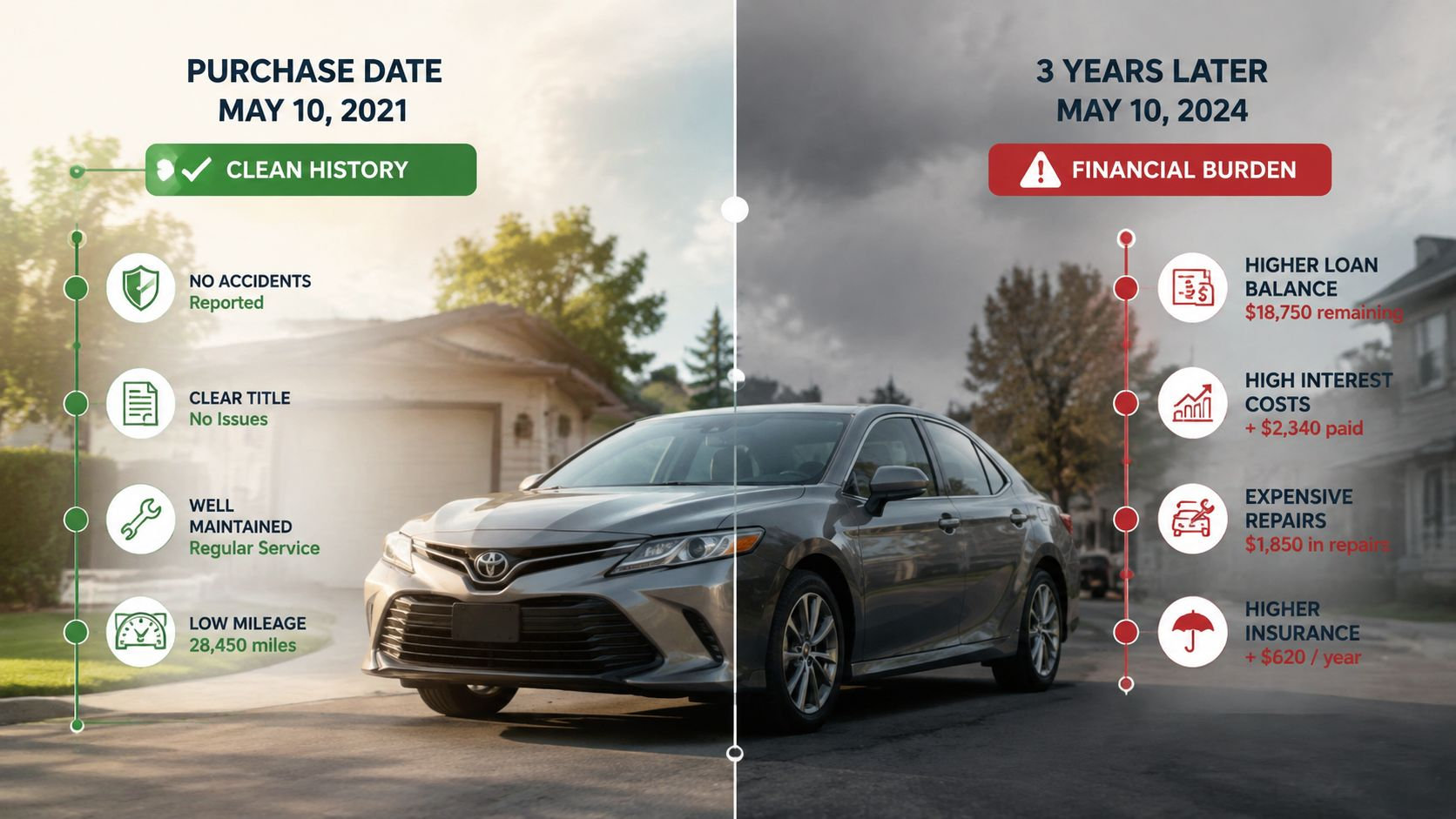A split image comparing a car's condition upon purchase in 2021 versus the financial burden experienced in 2024.