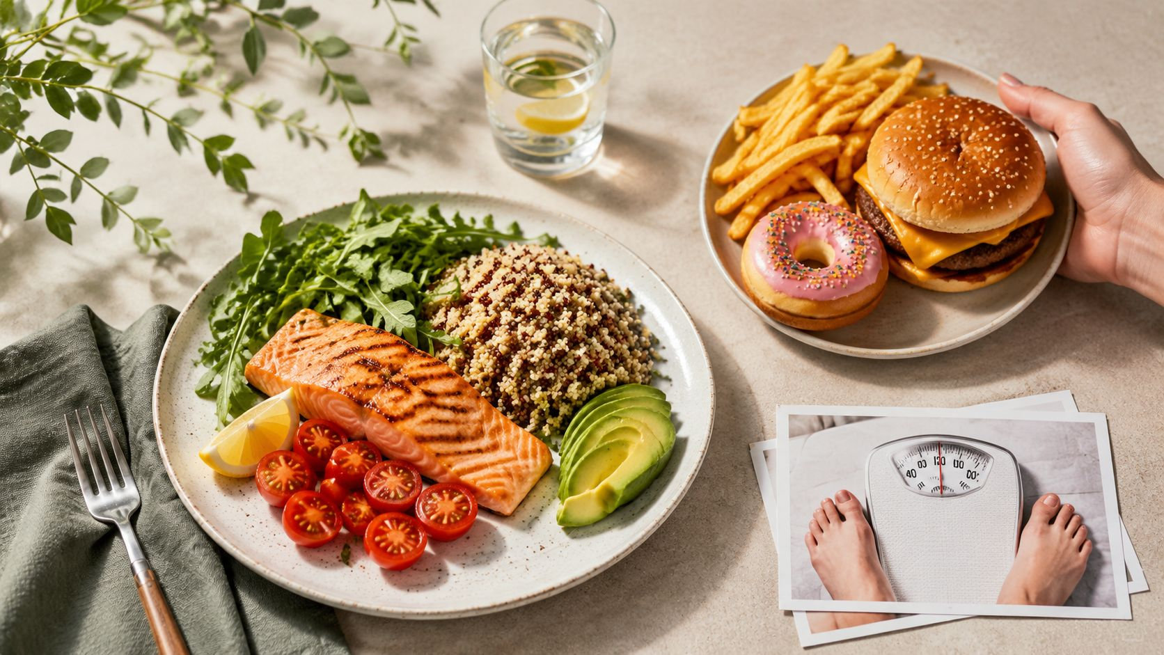A contrast between a healthy salmon quinoa meal and a plate of fast food with a scale.
