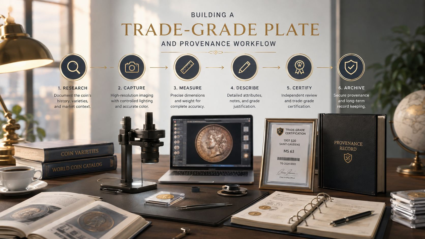 A professional desk workspace showcasing the step-by-step workflow for creating trade-grade coin plates and provenance documentation.