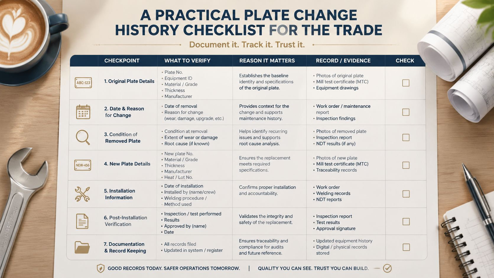 A structured checklist titled A Practical Plate Change History Checklist for The Trade on a desk.