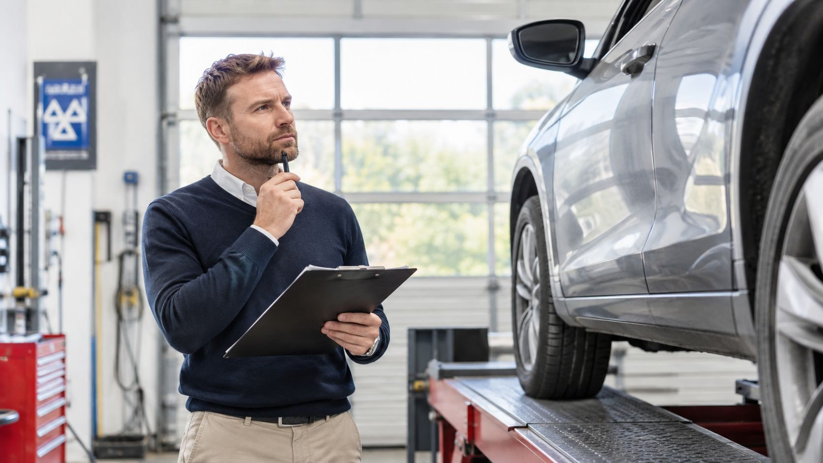 A professional mechanic wearing a blue sweater holding a clipboard while inspecting a car in a workshop.