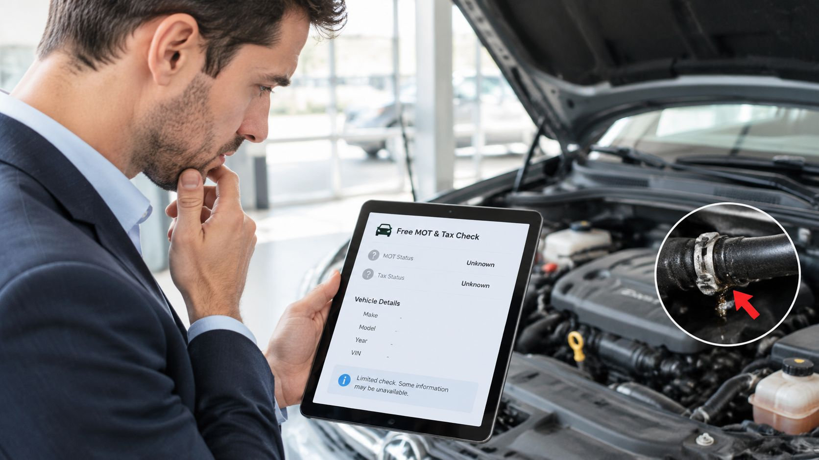A businessman looking at a tablet showing a vehicle status check while inspecting a car engine.