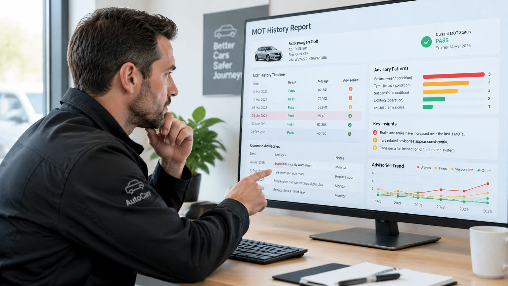 A professional mechanic pointing at a car MOT history digital report on a computer screen in an office.