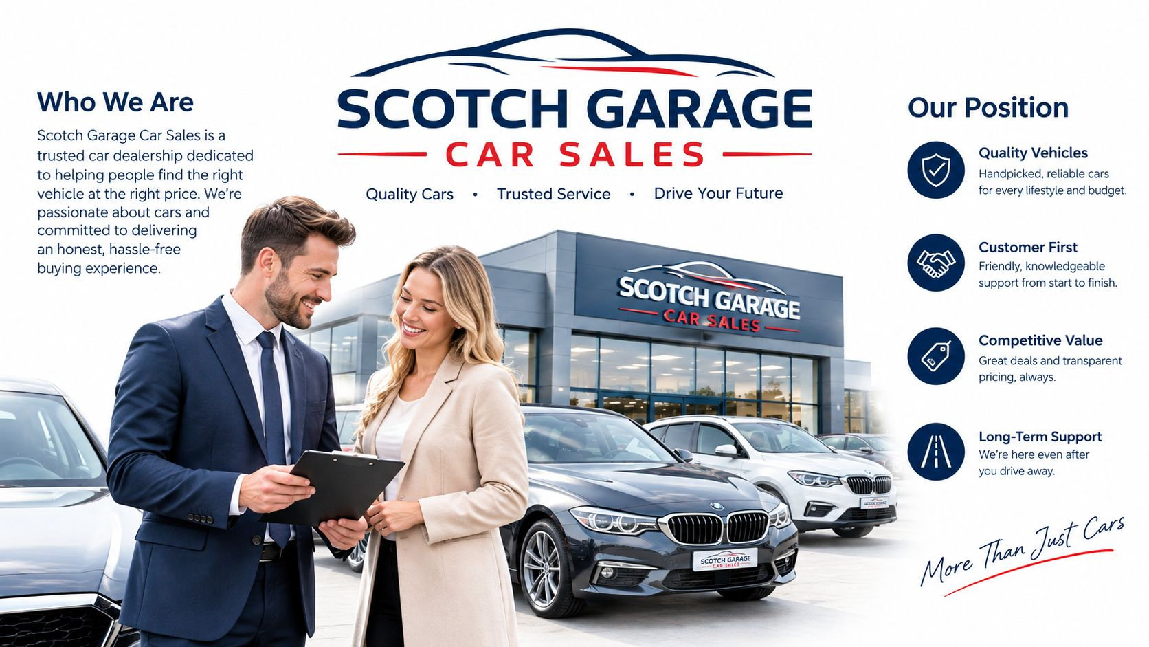 A professional car salesperson talking to a female customer at the Scotch Garage Car Sales dealership showroom.