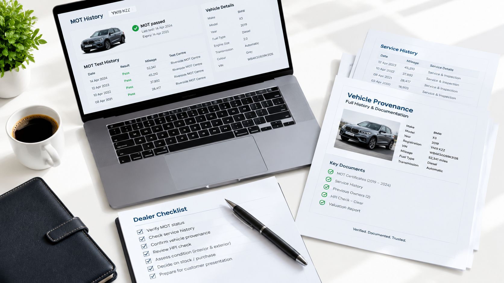 A clean office desk displaying a laptop, car service documents, and a checklist for vehicle history verification.