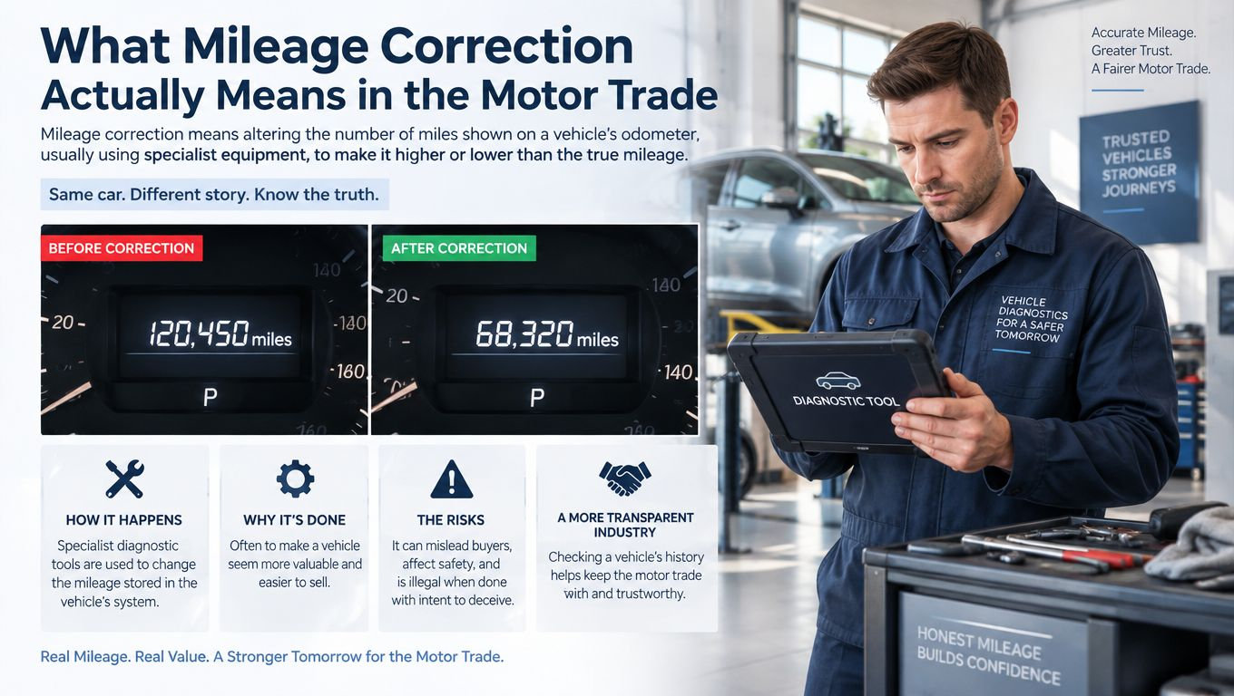 A car mechanic using a diagnostic tool to check a vehicle's dashboard displaying mileage correction information.